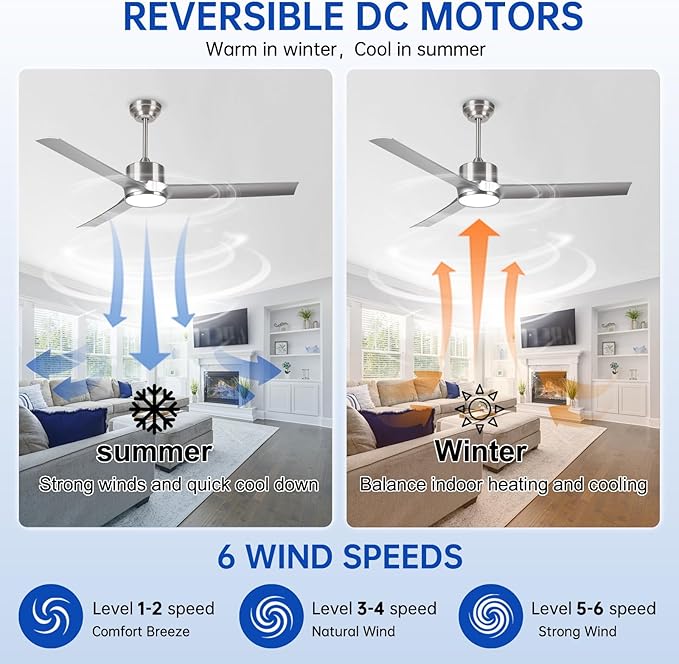 52 Inch Modern Silver Ceiling Fan with Filters Lights Remote Control, Quiet DC Motor/Dimmable 3 Color LED/6 Speed High CFM/3 Blade Indoor Ceiling Fans for Bedroom/Living Room