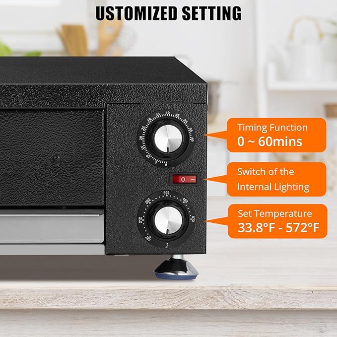 1100W Countertop Electric Pizza Oven,Stainless Steel Pizza Oven Maker with Timer & Removable Tray for Home, Kitchen & Restaurant, Black