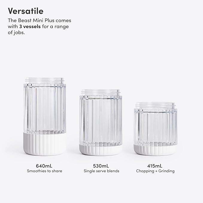 The Beast Mini Blender Plus | Mini Countertop Kitchen Blender | Blend Smoothies and Shakes, Dressings, Sauces, Dips | Extra Vessels, Straw Cap and Straws Included | 600W (Cloud White)