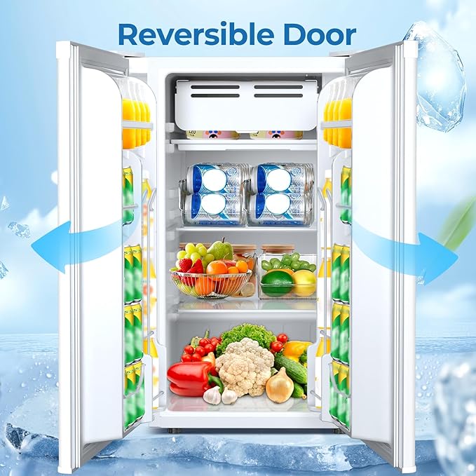 3.2 Cu.ft Mini Fridge with Freezer, Compact Refrigerator with Reversible Single Door, Adjustable Thermostat, Low Noise, Energy Efficient for Office, Dorm, Bedroom, Apartment (WHITE)