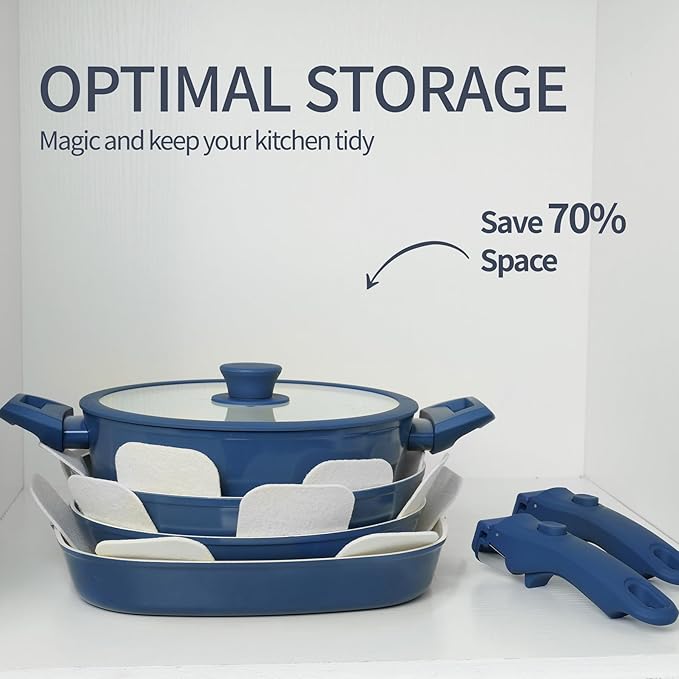 23pcs Ceramic Pots and Pans Set, Nonstick Detachable Handle Cookware, Induction Kitchen Cooking Set with Removable Handle,include Frying Pans & Saucepans Oven Safe(Blue)