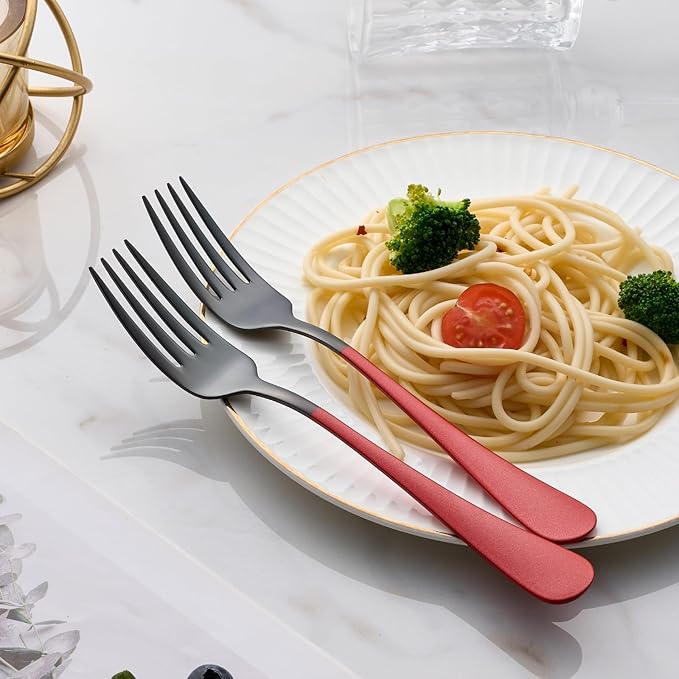 Black and Red Dinner Fork, 18/0 Red handle Stainless Steel Satin Finish 8.1-inch Silverware Flatware Fork Set, Set of 24, Dishwasher Safe