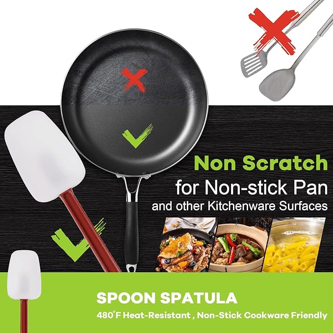 Kitchy Silicone Rubber Spatula and Spoon Set - High Heat Spatula Spoon, Commercial Cooking Set (1 Spoonula + 2 Scrapers, 14 Inches)