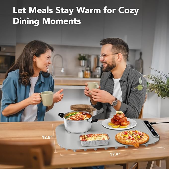 Coanto Food Warming Mat, Electric Warming Tray for Buffets & Parties, Silicone Heating Mat with 7 Temperature Settings, Roll-Up Storage, 17.91"x12.8", Light Grey