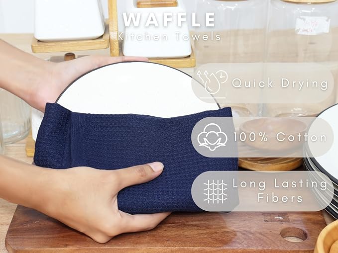 PurpleEssences Waffle Weave Kitchen Towel, 100% Cotton, 15x25 Inches, with Hanging Loop Ultra Soft Absorbent Quick Drying Dish Cloth, Tea and Hand Towels, 6 Pack - Christmas Holiday Winter - Navy Blue