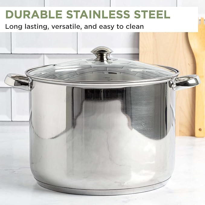Ecolution Pure Intentions Stock Pot - Features Tempered Glass Lid, Keep Cool Handle, and Encapsulated Bottom - Oven Safe - Curbside Recyclable Stainless Steel - 16 Quarts