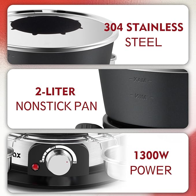 Cusimax 1300W Electric Fondue Set,2L Non-stick Pot Ideal for Melting Cheese,Chocolate,Oil,or Broth,Includes 8 Forks, 6 Food Cups,Removable Handle,and Measuring Cup for Enjoying Fondue Pot Parties