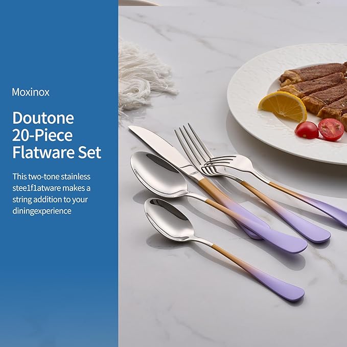 20-Piece Purple&Orange Silverware Set,18/0 Stainless Steel Colorful Handle Flatware Set, Service for 4, Modern Cutlery Set Includes Dinner Knives Forks Spoons, Mirror Polished,Dishwasher Safe