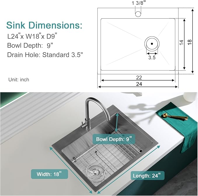 24 inch Drop-in Kitchen Sink Single Bowl, Topmount Kitchen Sink with Protective Bottom Grid, Overmount 304 Stainless Steel Kitchen Bar Sink Handmade with Basket Strainer, 24×18×9 inch