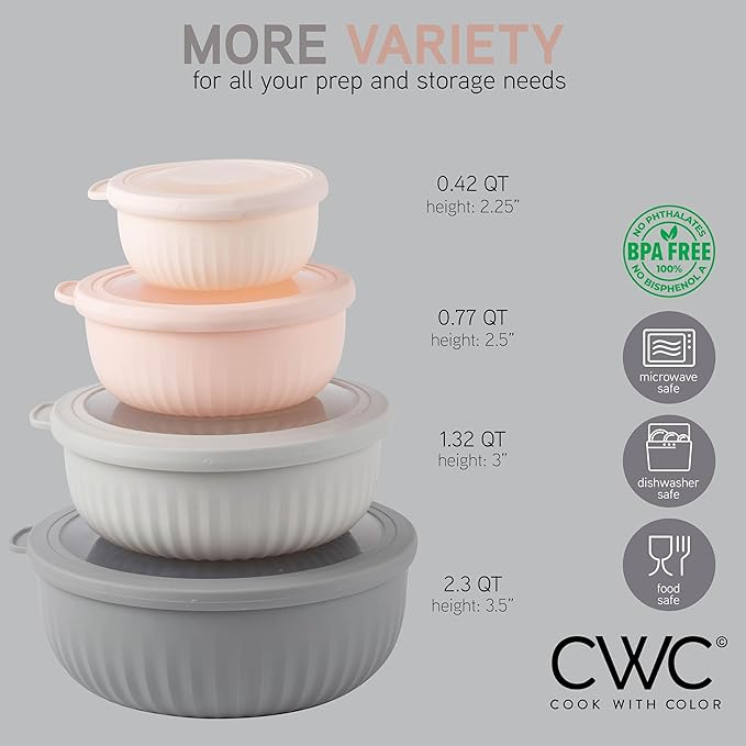 COOK WITH COLOR Prep Bowls with Lids- Wide and Deep Nesting Plastic Small Mixing Bowl Set with Lids, 8 Piece Set - Wide Bowls, Grey/Pink