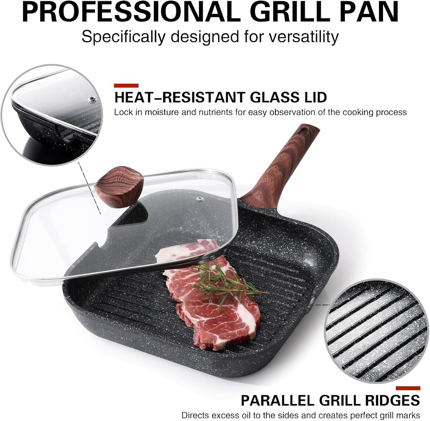 Nonstick Grilling Pan with Lid for Stove Tops, 11 Inch Square Grill Pan for Indoor Cooking, Granite Coating Grill Skillet with Pour Spouts, Versatile Griddle, Induction Steak Pan, PFOA Free