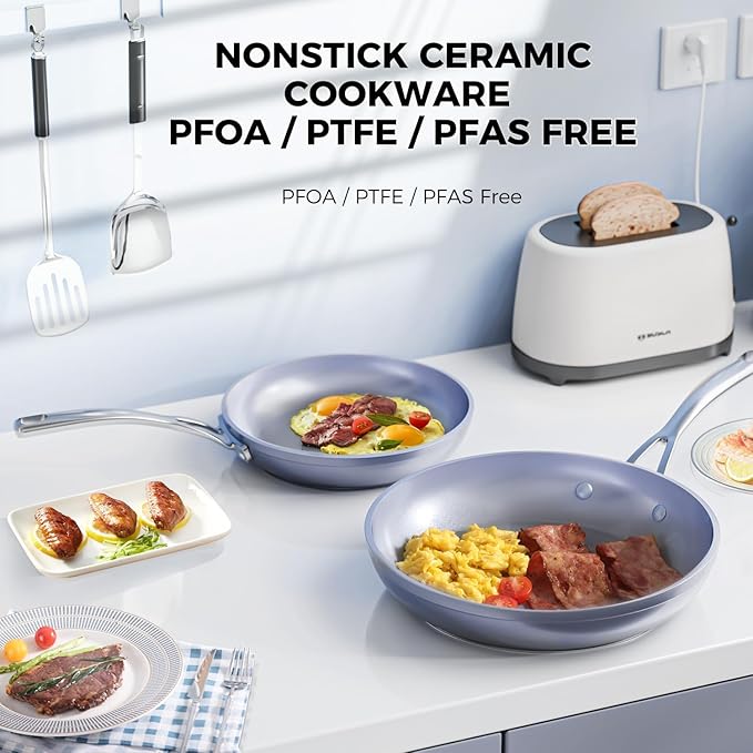 KFCC 8" Ceramic Nonstick Frying Pan, Single Skillet, PFAS-Free, Multi-Layer Aluminum Core, Oven Safe, Dishwasher Safe，Healthy Cooking Skillet for Eggs and Omelets