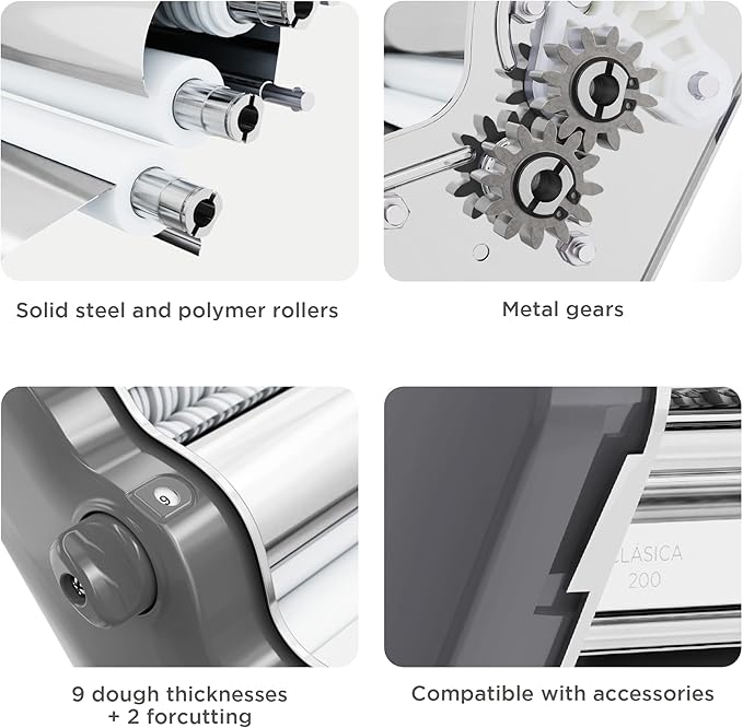 PASTALINDAClassic 200 Pasta Maker Machine, 20 cm Wide Rollers, 9 Thickness Positions, 2 Cutting Positions, Stainless Steel. Includes Reinforced Hand Crank And Two Clamps (Gray)