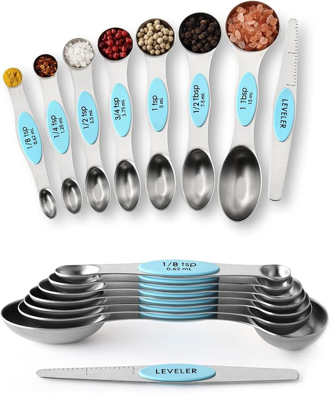 Spring Chef Stainless Steel Magnetic Measuring Spoons Set of 8 with Leveler, Metal Teaspoon & Tablespoon Measuring Spoons with Strong Magnets, Kitchen Gadgets for Baking & Cooking - 2 Pack - Aqua Sky