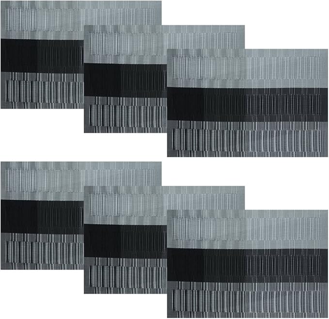 SHACOS Woven Vinyl Placemats for Dining Table Set of 6 Non Slip PVC Bamboo Basket Weave Table Place Mats (6, Ombre Black Gray)