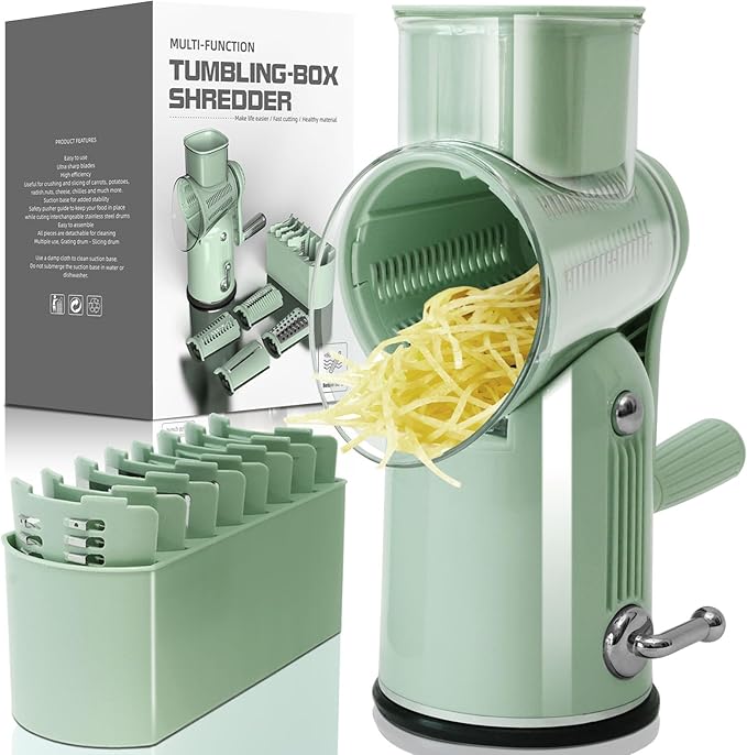 5 in 1 Cheese Grater with Rotary Hand Crank - Vegetable Chopper with Replaceable Stainless Blades, Strong Suction Base, Handle, Blade Storage Box, Easy-Clean Multipurpose Kitchen Slicer (Green)