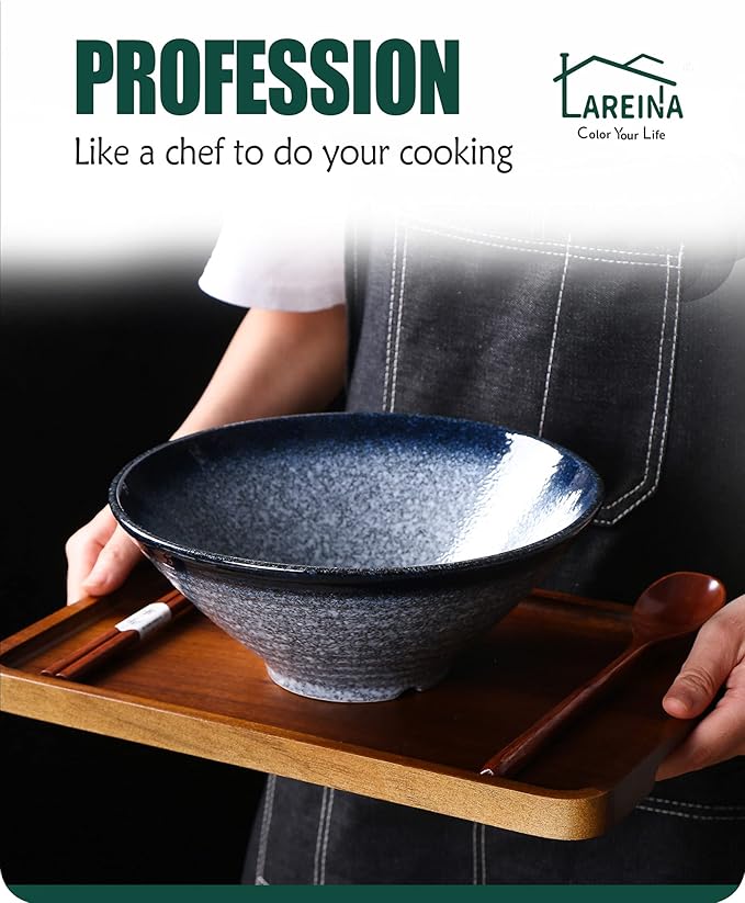 Lareina Ceramic Japanese Ramen Bowls, 2 Sets (6 Piece) 60 Ounce, Large Noodle Soup Bowl with Matching Chopsticks and Spoons for Asian Pho Udon Soba, Blue