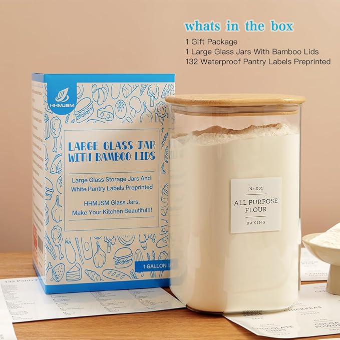 Large glass flour and sugar containers with 132 Kitchen Pantry Labels - 1 Gallon Glass Food Storage Containers with Airtight Lids - Square Glass Jars Rice with Bamboo Lids