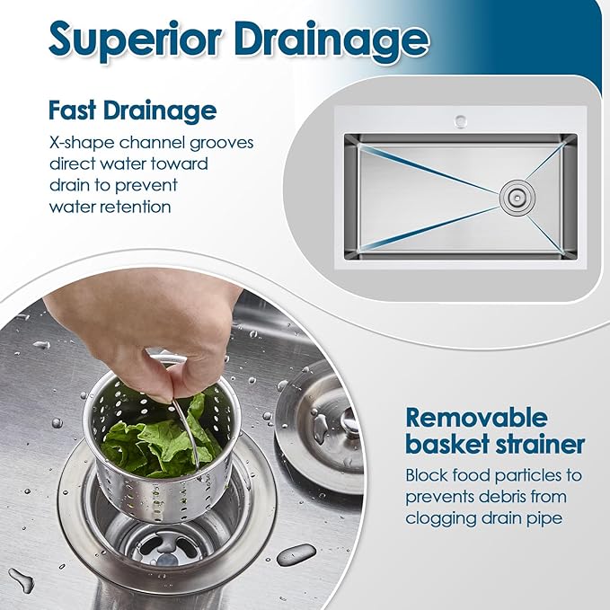 ROVOGO 25x18x9 Drop-in Kitchen Sink Single Bowl with Offset Drain Assembly and Bottom Grid, 304 Stainless Steel Handmade Modern Sink Top Mount with 1 Faucet Hole, Brushed