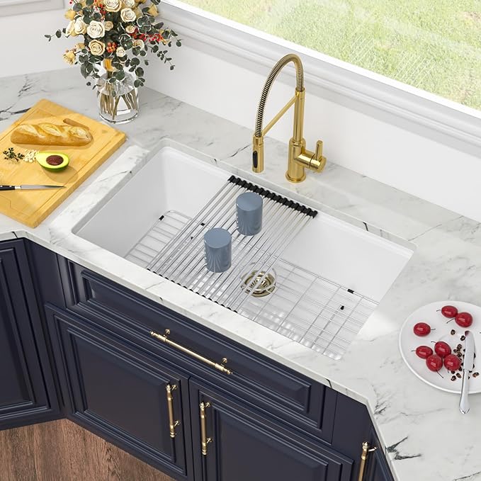Kichae White Undermount Kitchen Sink 32 inch - 32 x 19 Granite Composite White Undermount Kitchen Sink Quartz Workstation Sinks