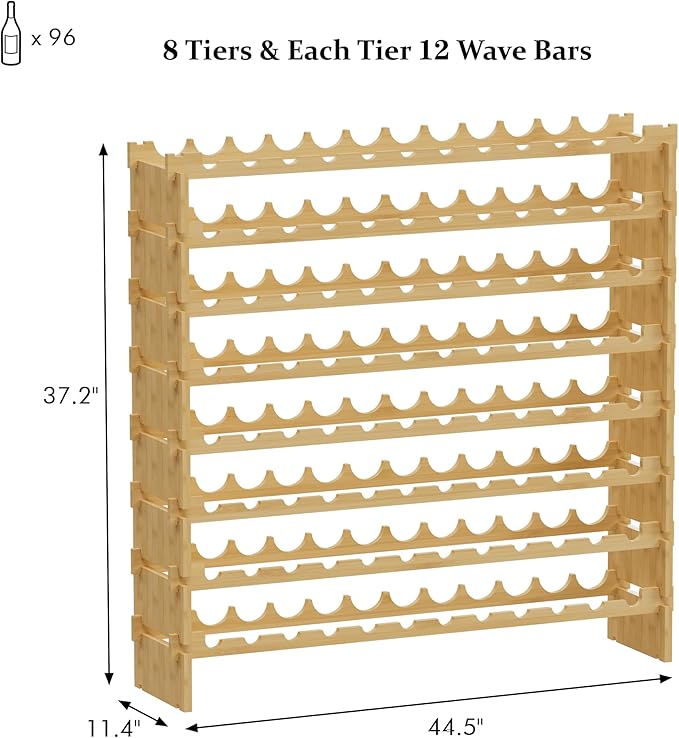 Bambloom Wine Rack Freestanding Floor, Wooden Stackable Bottle Storage Rack for Kitchen,Cellar. 96 Bottles Wine Holder Display Shelves for Champagne(Bamboo)