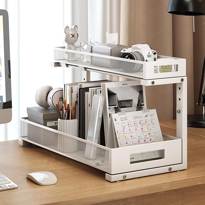 2 Pack 19IN Depth Under Sink Storage Organizer, Large 2-Tier Elegant Mesh Pull Out Shelf for Kitchen and Bathroom Cabinet Organization, L-Shaped and Adjustable Height Design-White