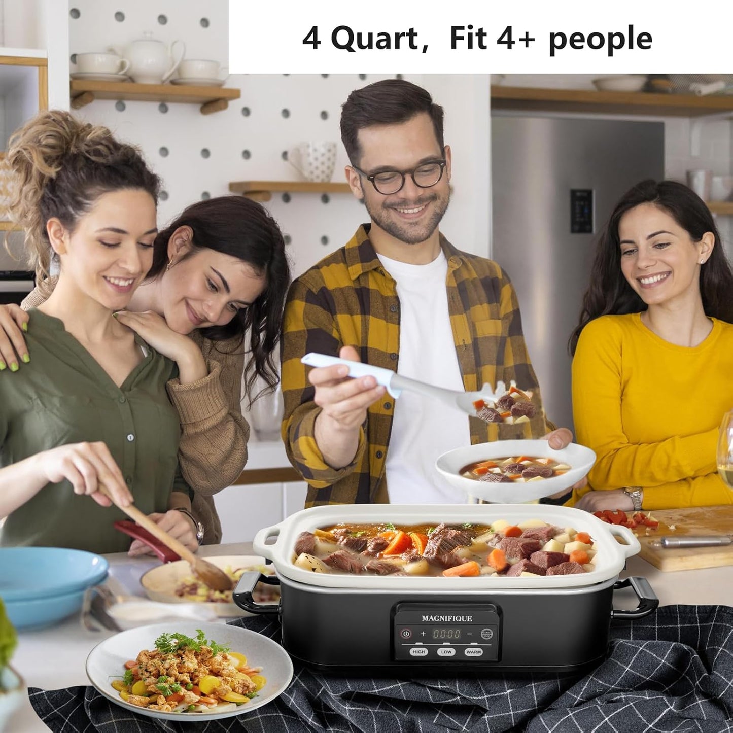 MAGNIFIQUE Small 4 Quart Casserole Programmable Slow Cooker with Ceramic Baking Dish - Perfect Kitchen Small Appliance for Family Dinners, Oven Safe and Durable Bakeware for Lasagna, Roasts