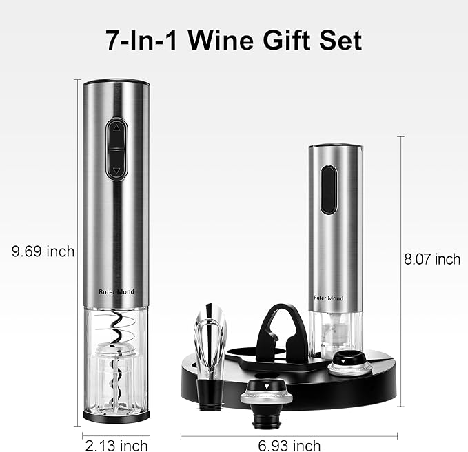 Electric Wine Opener Set, Roter Mond Automatic Wine Bottle Opener with Charging Base, 7-in-1 Wine Present with Wine Aerator Pourer Electric Vacuum Pump with 2 Stoppers Wine Foil Cutter for Home Party