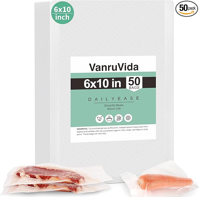 VanruVida 50 Count Vacuum Sealer Bags,6” x 10” Pre-Cut Pint Size,Commercial Grade Textured with Double Tear Notches,BPA Free,Food Storage Bags for Freezer, Meal Prep, or Sous Vide