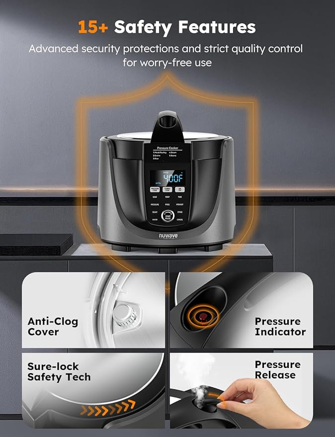 Nuwave Duet Air Fryer, Electric Pressure Cooker & Grill Combo, 540 IN 1 Multicooker with 2 Removable Lids, Slow Cook, Sears, Sautés, 18/10 SS Pot, Sure-Lock Safety Tech & 9 Deluxe Accessories