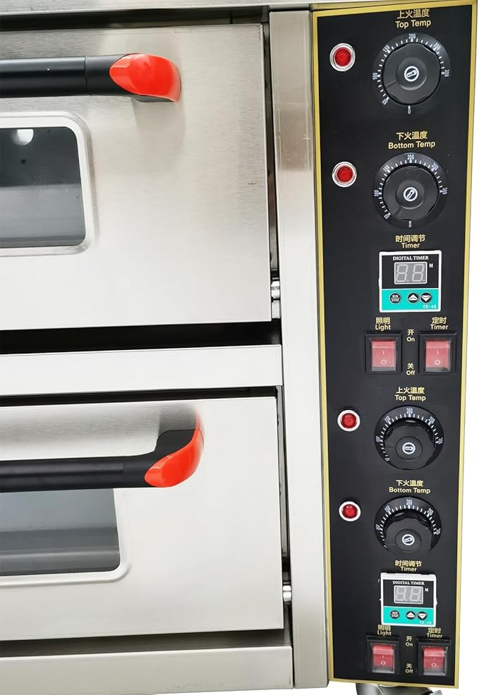 220V Commercial Pizza Oven 6.4KW Single Phase Stainless Steel Double-Deck 2 Baking Sheets Countertop Electric Movable Pizza Oven with Universal Wheels for Commercial Use