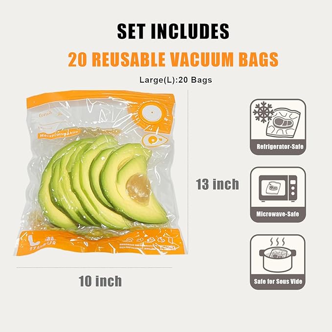24PCS Sous Vide Bags Reusable, BPA Free Food Vacuum Sealer Bag, Vacuum Zipper Bag, 20pcs food storage bags & 4 Seal Clips (10x13 Inch) Portable Vacuum Sealer Set for Travel, Fresh&Save Meal Prep