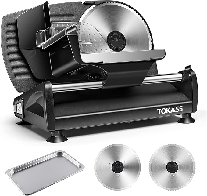 Meat Slicer, 200W Electric Food Slicer with 2 Removable 7.5" Stainless Steel Blades and Stainless Steel Tray, Child Lock Protection, Adjustable Thickness, Food Slicer Machine for Meat Cheese Bread
