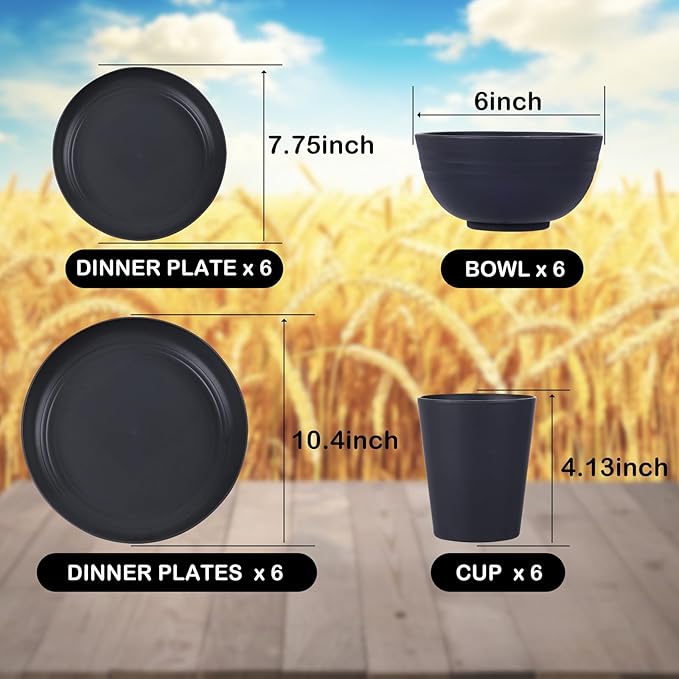 supernal 24pcs Wheat Straw Dinnerware,Unbreakable Dinner Plates Set,Microwave Dishwasher Safe,Black Reusable Plates for Picnic,Birthday,Camping