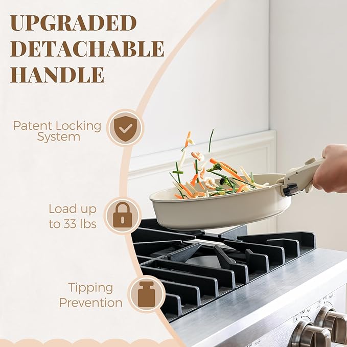 PRICUSIS Ceramic Pots and Pans Set with Detachable Handle, Non-toxic Nonstick 8pcs Cookware Set with Die-cast Lids, Dishwasher & Oven Safe, PTFE PFOA PFAS Free, Perfect for College Dorm, Cream White