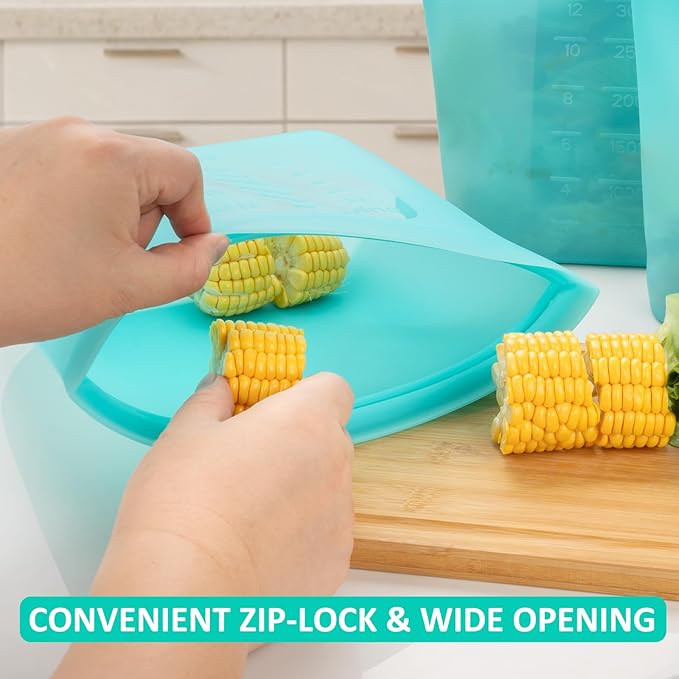 Reusable Food Storage Bags Extra Large, 0.8 Gallon/101 fl.oz/3000 ml, 4 Pack 100% Silicone Food Storage Bags Stand-Up Wide-Mouth Zip-Lock for Large Items, Freezer Microwave Oven Dishwasher Safe, Aqua