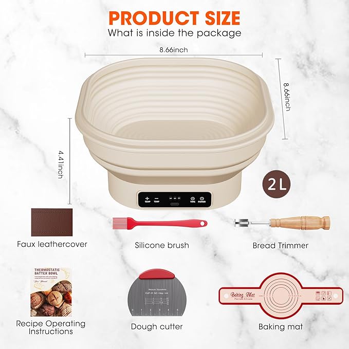 Heating Banneton Bread Proofing Basket Kit, Sourdough Starter Kit, 6 Adjustable Temp (77℉-122℉) Banneton Baking Supplies with Recipe, Smart Thermostatic Silicone Batter Bowl with Timer and LED Display