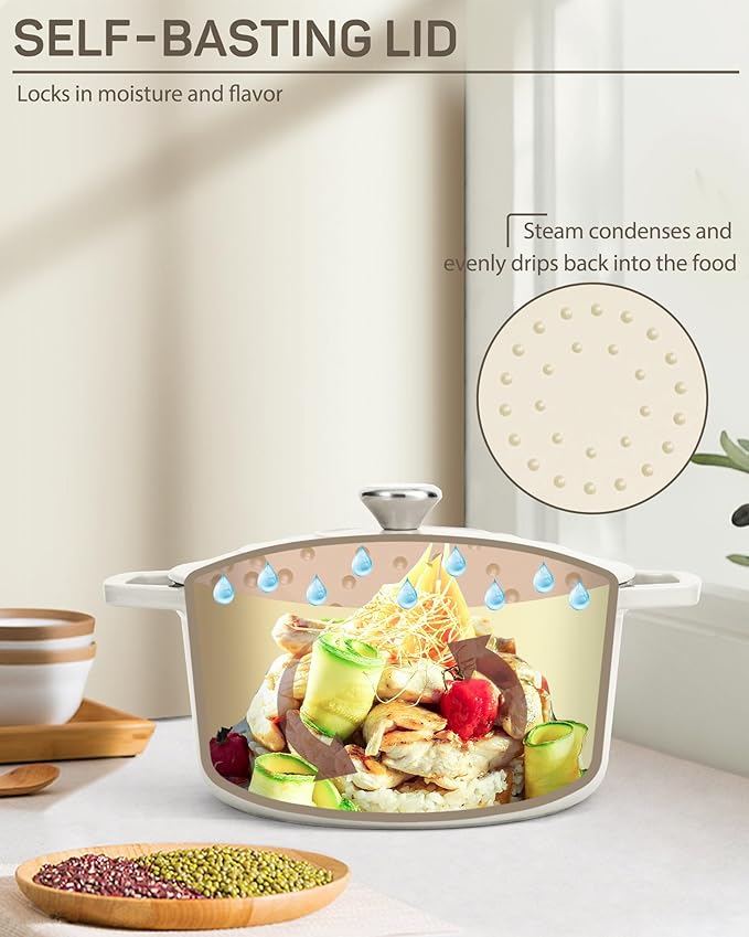 6 QT Dutch Oven Pot with Lid, Enameled Cast Iron Dutch Oven for Bread Making, Braiser, Cooking, Dual Handles, Oven Safe up to 500° F or on Stovetop, Gifts for Family - Off White