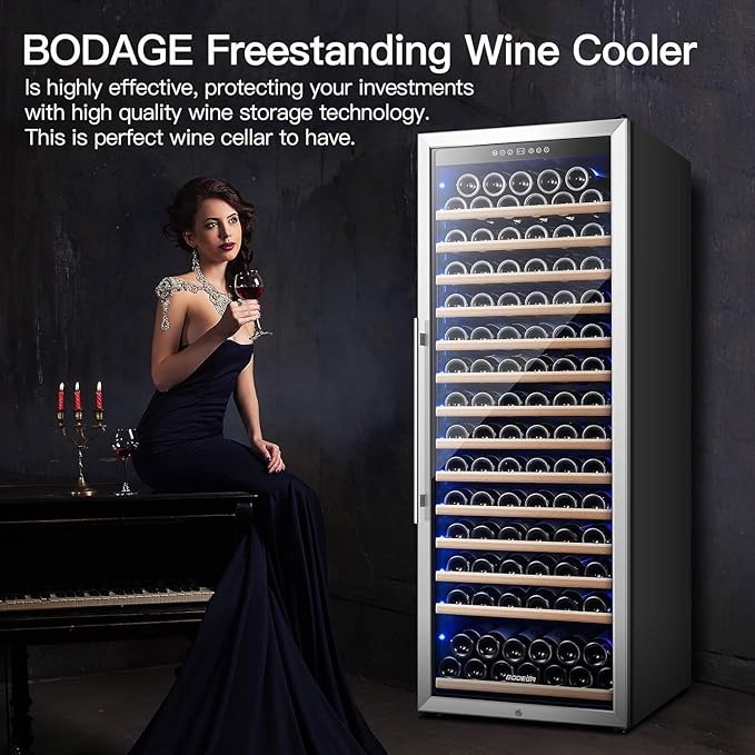 BODEGA 24 Inch Wine Cooler, 154 Bottle Refrigerator, Freestanding Wine Fridge with Intelligent Temperature Memory & Humidity Control, Upgraded Compressor, Quiet Operation
