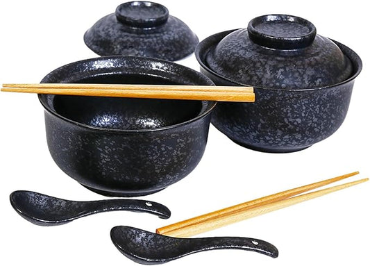 Ceramic Ramen Bowl Set, 800ml, with Lid, Spoon and Chopsticks, Japanese Vintage Large Soup Bowls Instant Noodle Bowl Asian Tableware (Black*2)