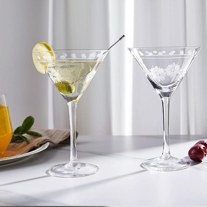 Premium Delight Vintage Cocktail Glasses Set of 4, 9.6 oz – Hand-Blown with Etched Long Stem, Classic Glassware for Weddings, Dinners, and Holiday Gifting (Martini Glasses)