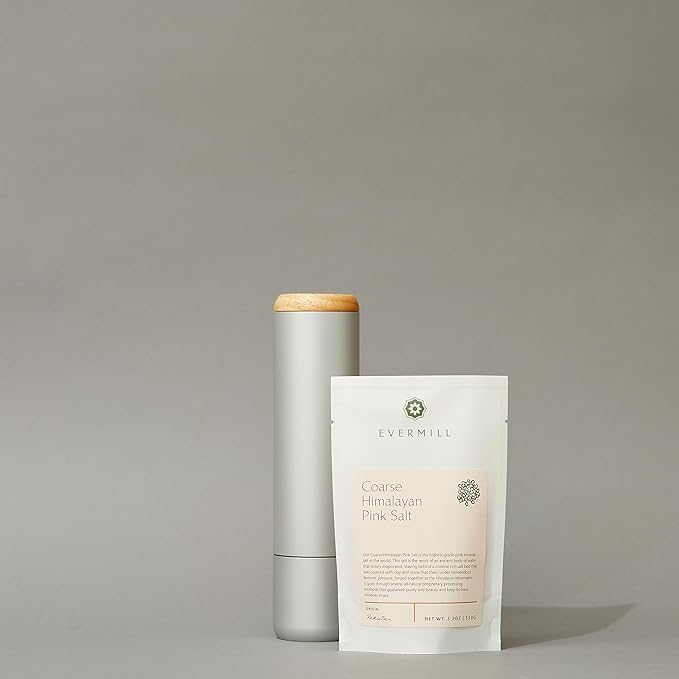 Evermill Premium Salt Mill with Coarse Himalayan Pink Salt, Anodized Aluminum Body, Wooden Cap, 26 Grind Settings, Manual Grinder (Silver)