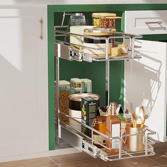 LOVMOR 2 Tier 5½" W x 21½" D, Individual Pull Organizer Kitchen Cabinet Storage Sliding Shelves