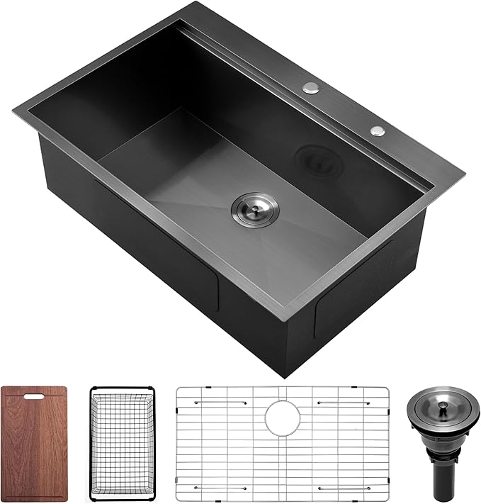 33 Inch Drop In Black Kitchen Sink, Doirteal 33x22 Inch Top Mount Kitchen Sink 16 Gauge Gunmetal Black Stainless Steel Single Bowl Workstation Sinks 33 Drop In Sinks