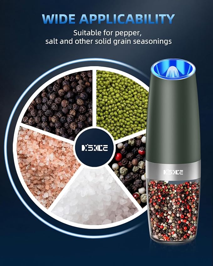 XinXu Gravity Electric Pepper Grinder, Salt or Pepper Mill & Adjustable Coarseness, with LED Light, One Hand Automatic Operation -Set/DarkGreen