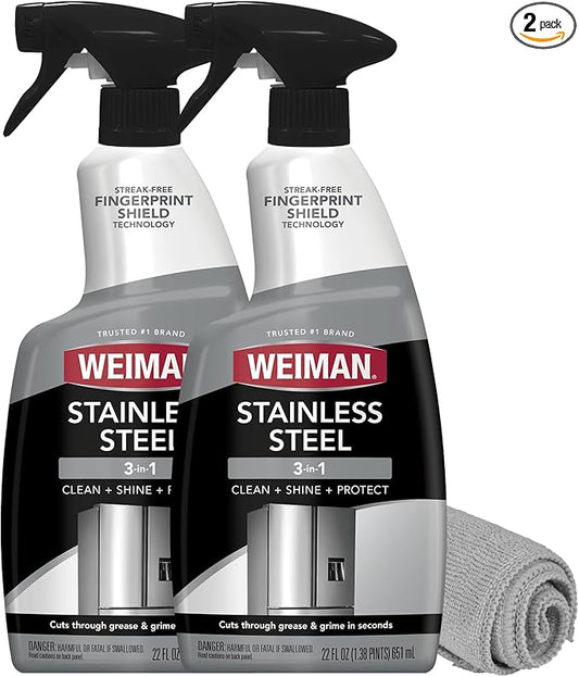 Weiman Stainless Steel Cleaner and Polish - Protects Appliances from Fingerprints, Leaves a Streak-Free Shine for Refrigerator, Dishwasher, Oven, Grill, 2 Pack With Microfiber Cloth