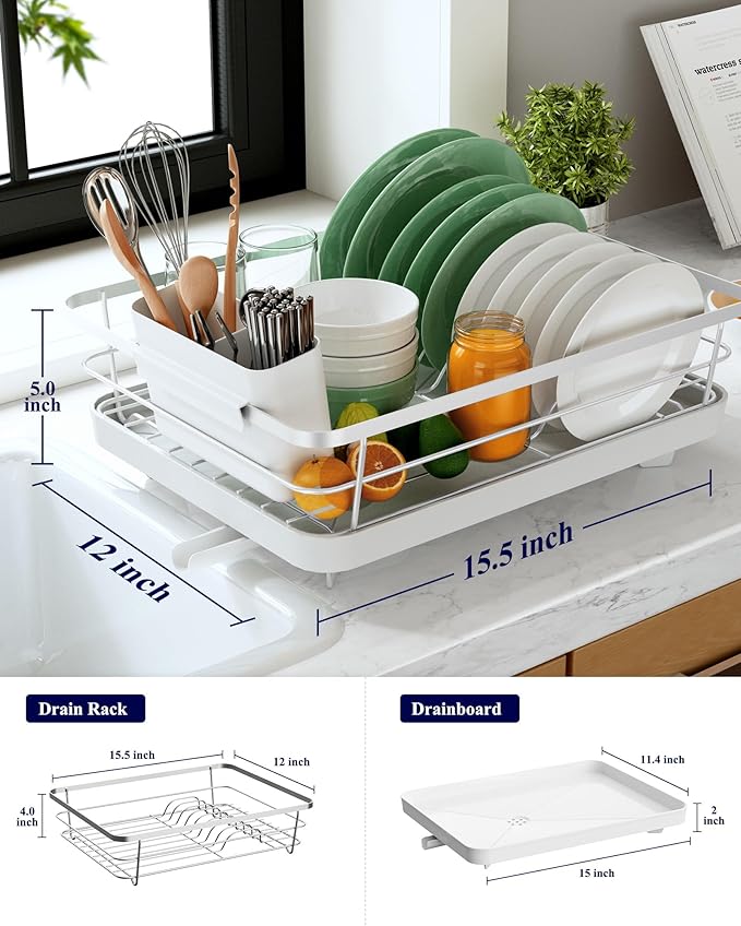 Kitsure Dish Drying Rack for Kitchen Counter, Stainless Steel Sink Organization and Storage Essentials with Cutlery Holder, Home and Appartment Decor, 12''W x 15.5''L, Silver