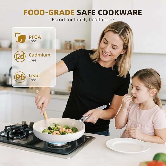 15 Pcs Pots and Pans Set Non Stick, Ceramic Cookware Set with Steamer, Non-Toxic Kitchen Cooking Set with Stay-Cool Ergonomic Handles, Oven & Dishwasher Safe, PFOS & PFOA Free (Cream White)