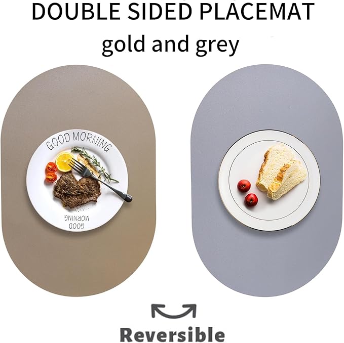 Oval Faux Leather Placemats Set of 6,Reversible PU Placemat for Dining Table,Waterproof Heat Resistant Wipeable Anti Slip Table Mats,Modern Table Protectors(Grey and Gold)