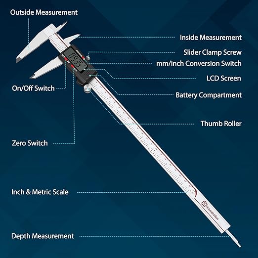 Housolution Digital Caliper 12 Inch, Caliper Measuring Tool with Large LCD Screen, Inch/MM, 4 Measuring Ways, Auto-Off LCD Stainless Steel Micrometer Vernier Caliper for Printing Jewelers Woodworkers